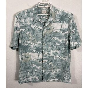 Trader Bay Hawaiian Shirt Size L‎ Green Floral Pineapples Short Sleeve Polyester